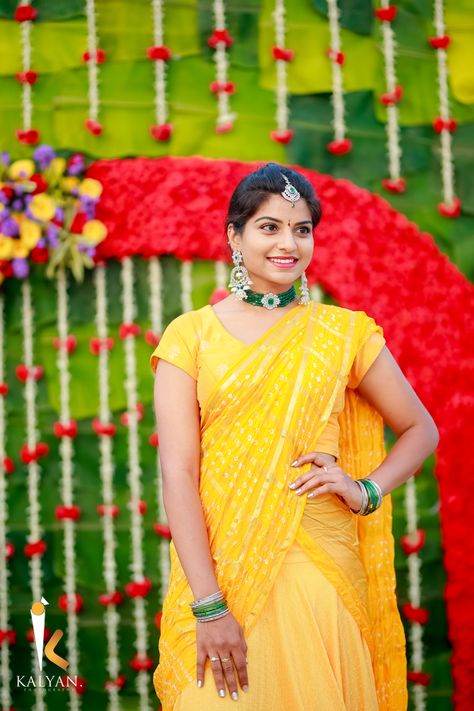 #haldi #haldiceremony Haldi Half Saree For Bride, Haldhi Sarees, Girl Haldi Poss, Haldhi Stills Girl, Haldhi Stills Bride, Haldi Images, Haldi Girl, Haldi Stills, Haldi Pic