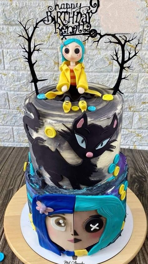 Coraline Cake, Pasteles Halloween, 15th Birthday Cakes, Halloween Birthday Cakes, 10 Birthday Cake, Movie Cakes, Birthday Cake Decorating Ideas, Cake Decorating Ideas, Cake Fondant