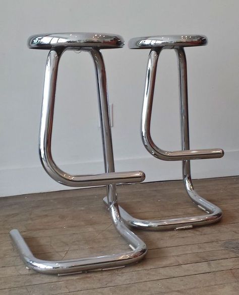 70s Bar Stools, Chrome Objects, Bar Stools Design, Silver Bar Stools, Chrome Furniture, Chrome Decor, Interior Objects, Chrome Bar Stools, Chrome Interior