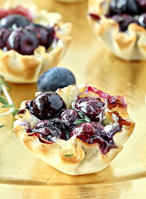 Blueberry Brie Bites Cream Cheese Pies, Pies Blueberry, Blueberry Brie, Blueberry Cream Cheese Pie, Filo Dough, Vegetarian Thanksgiving Recipes, Cream Cheese Pie, Brie Bites, Brie Recipes