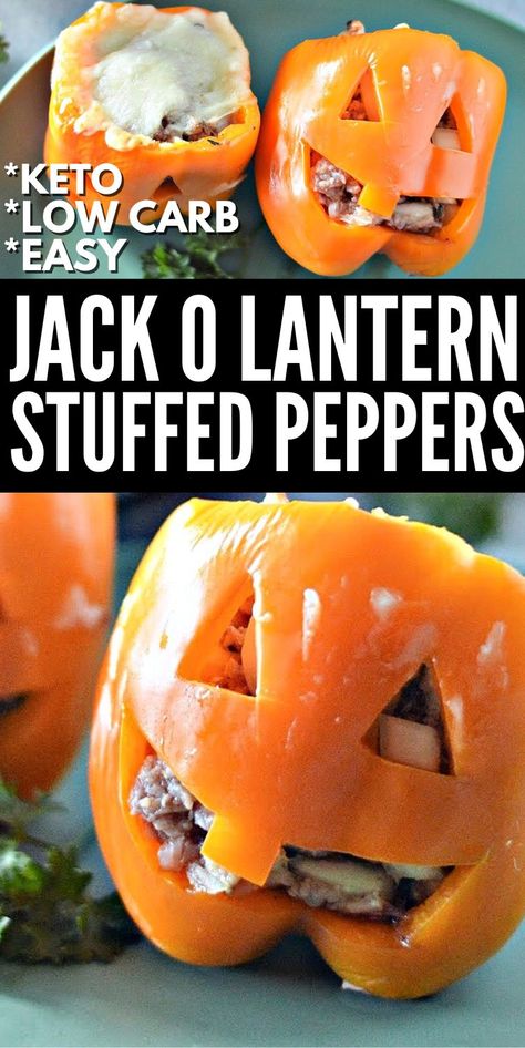 Jack O Lantern Stuffed Peppers - Healthy Halloween Recipe Stuffed Peppers Jack O Lantern, Stuffed Jack O Lantern Peppers, Jack O Lantern Stuffed Peppers, Halloween Stuffed Peppers, Cute Jack O Lantern, Whipped Sweet Potatoes, Healthy Halloween Food, Keto Stuffed Peppers, Halloween Lunch