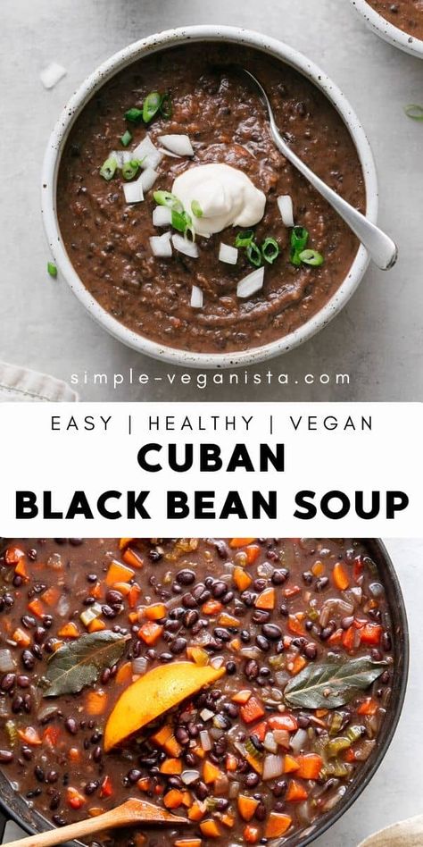 A healthy, thick and hearty, veggie filled cuban black bean soup recipe made from scratch that's absolutely delicious! Vegan & gluten free recipe. #veganrecipes #healthyrecipes #veganrecipe #plantbased Cuban Bean Soup, Cuban Black Bean Soup, Vegan Black Bean Soup, Soup Hearty, Cuban Black Beans, Clean Eating Soup, Black Bean Soup Recipe, Bean Soup Recipe, Bean Soup Recipes