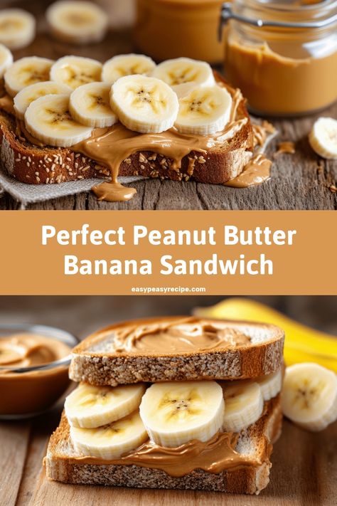 Two slices of whole-grain bread with creamy peanut butter and sliced bananas on top. Peanut Butter Toast With Banana, Peanut Butter And Banana Toast, Creative Breakfast Ideas, Peanut Butter And Banana Sandwich, Wholesome Breakfast, Peanut Butter Toast, Banana Snacks, Banana Toast, Banana Sandwich