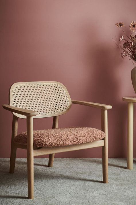 Oak lounge chair in natural oak with cane back. The seat is made of bouclé fabric which adds texture and is nice to touch. Modern Scandinavian Furniture, Scandinavian Furniture Design, Wooden Sofa Set, Luxury Chairs, Ikea Chair, Furniture Trends, Chairs Armchairs, Interior Trend, Upholstered Seating