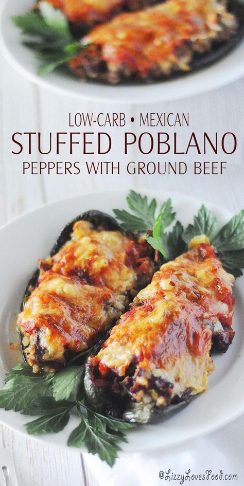 Red Poblano Pepper Recipes, Poblanos Recipes, Latin Lunch Ideas, Stuffed Plabano Peppers, Low Carb Chili Relleno, Stuffed Plobanos Peppers Recipes, Beef Stuffed Poblano Peppers, Ground Beef And Poblano Peppers, Stuffed Poblano Pepper Recipes