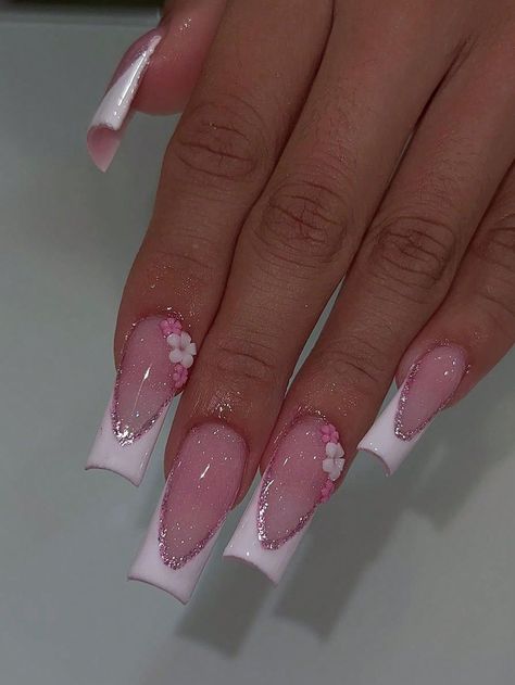 Aesthetic Long Nails Acrylic, Pink Base White French Tip, 18th Bday Nails, Sqaure Nails, Ballerina Nails Designs, Quinceanera Nails, Punk Nails, Nails Design With Rhinestones, Girly Acrylic Nails