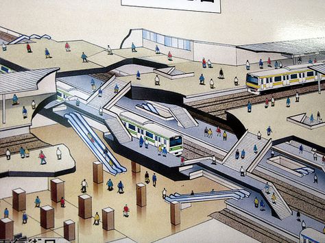 Tokyo Subway Station Diagram (Cut-Away Axonometric) by leonardo.bonanni, via Flickr Urban Installation, Italian Futurism, Tokyo Subway, Train Station Architecture, Airport Design, Technical Illustration, Subway Station, Architecture Books, Architecture Graphics