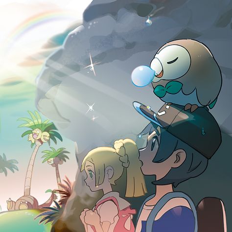 Artwork de Lylia y Elio del Día de Pokémon, con Rowlet y Exeggutor de Alola Shiny Gyarados, Pokémon Star, Pokemon Original, Pokemon Alola, Pokémon Stuff, Original Pokemon, Pokemon Images, Light Rays, Cosplay Characters