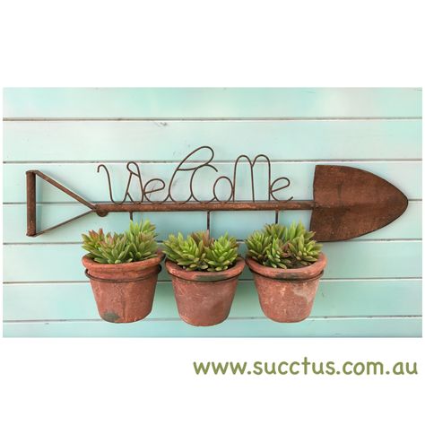 Welcome Planter available online www.succtus.com.au Welcome Planter, Unique Garden Art, Unique Garden Decor, Recycled Garden, Garden Decor Projects, Vintage Garden Decor, Garden Deco, Backyard Diy Projects, Garden Yard Ideas