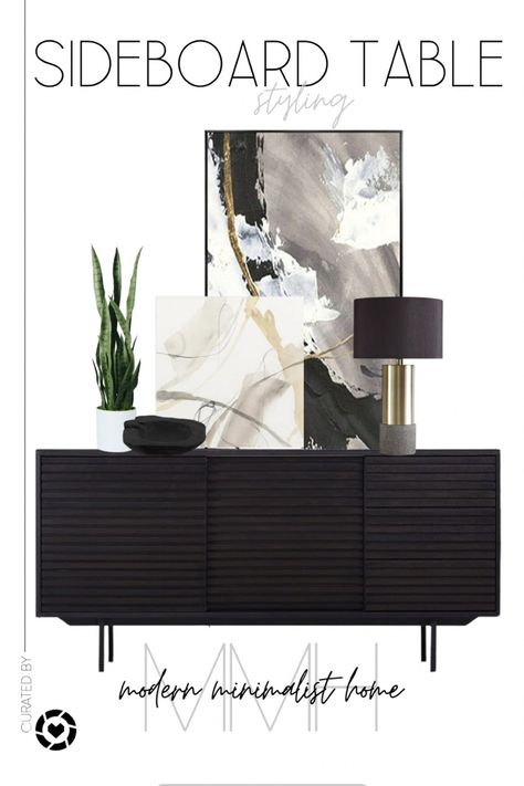 Brass Console Table Styling, Modern Buffet Decor, Console Table Decor Modern, Rounded Console Table, Entry Console Table Decor, Media Console Living Room, Black Buffet Sideboard, How To Decorate A Sideboard, Kitchen Buffet Table