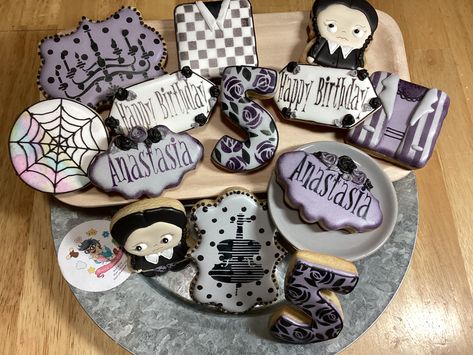 Wednesday Addams Decorated Cookies, Wednesday Birthday Cookies, Wednesday Addams Birthday Cookies, Wednesday Adams Cookies, Addams Family Cookies, Wednesday Addams Cookies, Wednesday Cookies, Wednesday Addams Party Ideas, Wednesday Addams Party