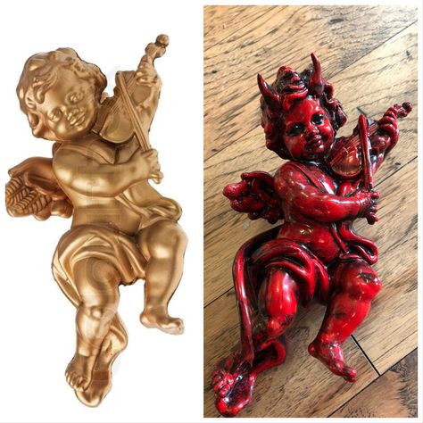 Devil Halloween Decorations, Diy Oddities, Evil Cherub, Altered Moments, Small Clay Sculptures Creepy, Cherub Decor, Creepy Crafts, Horror Crafts, Painted Cherub Statues