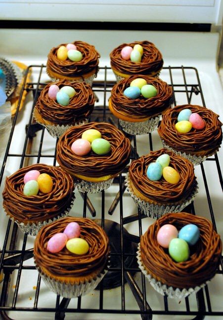 Easy DIY Easter Cupcakes!  •Use grass tip to pipe brown icing for birds nest  •For "eggs" place oval candies on top Bird Nest Cupcakes, Brown Icing, Nest Cupcakes, Piping Frosting, Easter Desserts, Bakery Ideas, Easter Cupcakes, Birds Nest, Easter Dessert