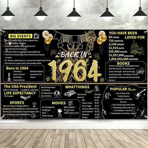 PRICES MAY VARY. 【Review 1964 Amazing Journey】 Take a look back in 1964, This black gold 60 birthday banner makes a great conversation starter! The Back to 1964 themed banner is exquisitely designed and fun, great gift or decoration for 60th birthday party, 60th wedding anniversary or 1964 class reunion. 【Large Size】 Happy 60th birthday banner backup decorations. The banner is 180 x 110 cm/ 70.8 x43.3 inches. big enough to decorate your 60th birthday theme party and make your birthday party more 40th Banner Home Made, This Is Us Birthday Party, 60 Is The New 40 Birthday, Tom Ford Birthday Party, 40th Birthday Wishes For Brother, 40th Birthday Gifts For Husband Turning 40, James Bond 40th Birthday Party, 40th Birthday Themes, 90th Birthday Decorations