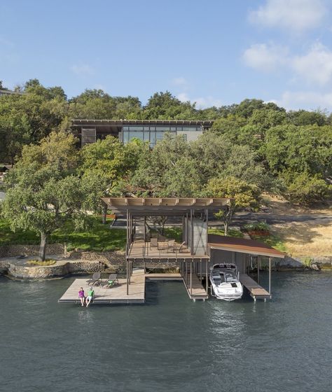 A Spectacular Lakeside Retreat in Texas Embraces the Outdoors - Photo 2 of 10 - Boathouse Design, Interior Design Living Room Warm, Lake Flato, Outdoor Glider, Lake Retreat, Modern Outdoor Spaces, Lake Dock, Lakefront Living, Suburban House