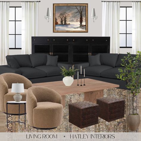 living room design, living room decor, living room style, dark sofa living room Dark Lounge Styling, Dark Charcoal Sectional Living Room, Dark Couch Family Room, Slate Sofa Living Room, Dark Charcoal Sofa Living Rooms, Cool Tone Mid Century Modern, Dark Grey Chairs Living Room, Dark Couches Living Room, Black Sofa Mood Board