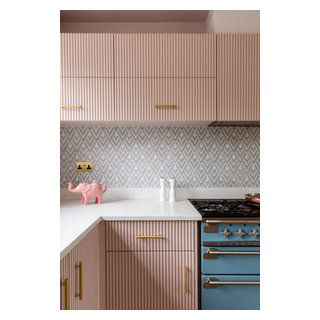 Stylish Hampshire Home - Eclectic - Kitchen - Hampshire - by Randell Design Group | Houzz Pink Kitchen Cabinets, Pink Kitchen Ideas, Pink Refrigerator, White Upper Cabinets, Pink Cabinets, Dark Green Kitchen, Pastel Kitchen, Bathroom Shower Walls, Eclectic Kitchen