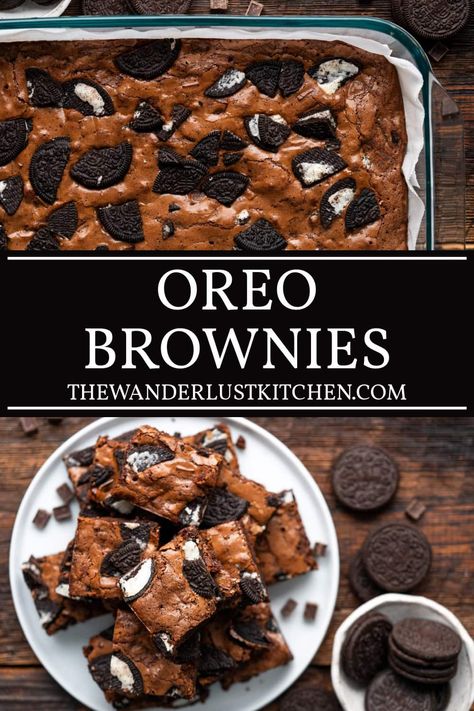 These Oreo Brownies are slices of homemade chocolatey goodness packed with chocolate chunks and crunchy Oreo cookies! Oreo Brownies Recipe Easy, Brownies With Oreos, Milk Chocolate Fondue, Oreo Brownies Recipe, Oreo Recipe, Brownie Oreo, Desserts Oreo, Oreo Cookie Recipes, Brownies Recipe Homemade