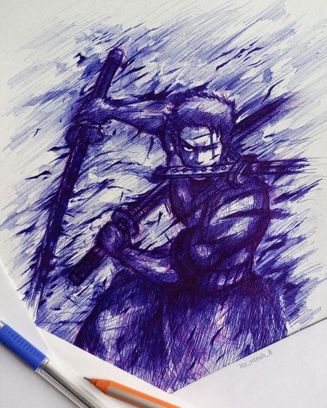 Zoro pen art Zoro Pencil Sketch, Luffy Pen Sketch, Pen Art Drawings Creative, Zoro Drawings Sketch, One Piece Anime Drawing, Anime Pen Sketch, Zoro Drawing, Pen Shading, Sanji Ace