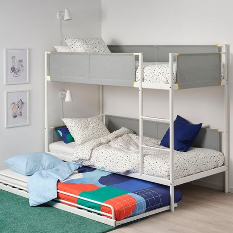 VITVAL Bunk bed frame with underbed - white, light gray - IKEA Cama Ikea, Bed Pocket, Epoxy Ideas, Cosy Bed, Bunk Beds With Stairs, Bunk Beds With Storage, High Beds, Metal Bunk Beds, Ikea Bed