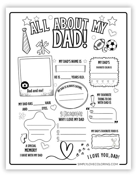 Free All About My Dad coloring pages are the perfect gift for Father's Day or any day to let Dad know how much you appreciate all he does Father’s Day Work Sheet, Free Dad Printables, Dad Coloring Page Free Printable, All About My Dad Free Printable Kids, Happy Father’s Day Coloring Pages, Father’s Day Colouring Sheet, Happy Birthday Dad Coloring Page, Free Father’s Day Printables For Kids, Father’s Day Coloring Page