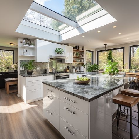 Modern Kitchen Interior: A spacious modern kitchen interior with large windows, natural lighting, and a blend of comfort and luxury. #kitchen #modern #interior #skylight #marble #countertops #sunlight #appliances #aiart #aiphoto #stockcake https://ayr.app/l/7SP5 Floor To Ceiling Kitchen Windows, Floor To Ceiling Windows In Kitchen, Kitchen With Skylight Natural Light, Kitchen With Sunroof, Kitchen Sky Light, Sky Lights In Kitchen, Glass House Kitchen, Interior Skylight, Skylight In Kitchen