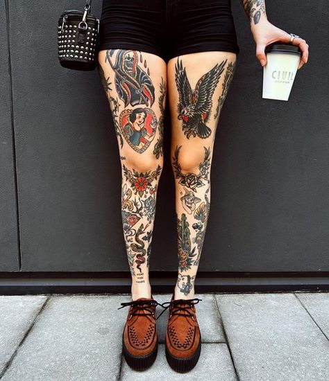 Traditional Leg Tattoos, Traditional Tattoo Woman, Shin Tattoo, Traditional Tattoo Inspiration, Punk Tattoo, Traditional Style Tattoo, Alt Model, Tattooed Women, Leg Tattoos Women