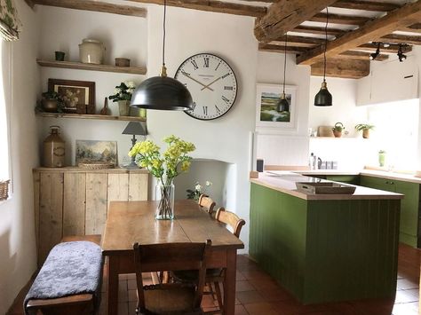 Bancha Farrow And Ball, Farrow And Ball Kitchen Cabinets, Farrow And Ball Kitchen, Retirement Cottage, Kitchen Refurbishment, Green Kitchens, Large Fridge, Kitchen 2021, Ideas For Bathrooms