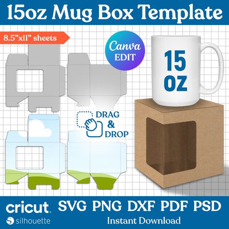 15oz Mug Box Template, Mug Box Svg, Mug Box Template, Mug Box Template with Window, Square Box, Mug Gift Box, Mug Packaging, Canva Editable by WorldOfTemplateShop on Etsy Mug Box Template Free Printable, Mug Box Template, Mug Packaging, Mockup Ideas, Mug Box, Craft Fairs Booth, Dollar Store Diy Projects, Download Sign, Mug Template