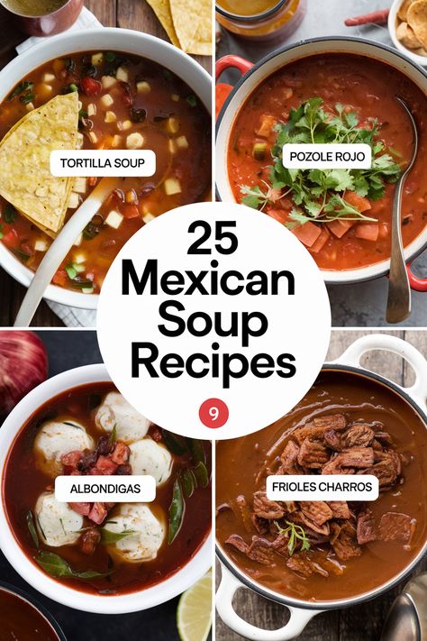 Warm up this winter with 25 comforting Mexican soup recipes. Explore a world of flavors, textures, and aromas that will transport your taste buds. From spicy tortilla soups topped with crunchy toppings to hearty pozole brimming with hominy and tender meat, these soups are sure to satisfy. Discover easy Mexican soup ideas for festive meals and explore authentic menudo and birria recipes for traditional tastes. Mexican Garlic Soup, Mexican Turkey Soup, Pazole Soup Beef, Authentic Mexican Tortilla Soup, Mexican Abondagus Soup Recipe, Winter Mexican Food, Mexican Pho, Mexican Winter Food, Birria Soup