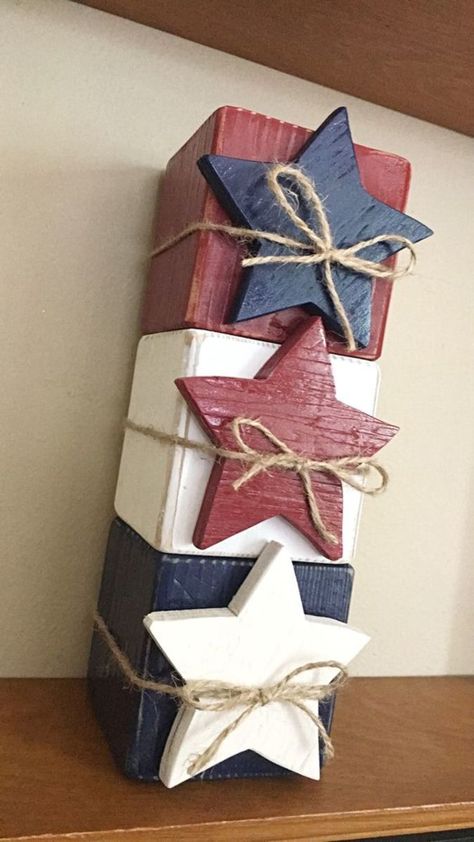 Patriotic Blocks Diy, Fourth Of July Wooden Signs, Dollar Tree Fourth Of July Decorations, Fourth Of July Decor Diy, 4th Of July Wood Decor, Summer Pallet Ideas, Diy 4th Of July Decor, Diy Wood Crafts To Sell, 4th Of July Wood Crafts