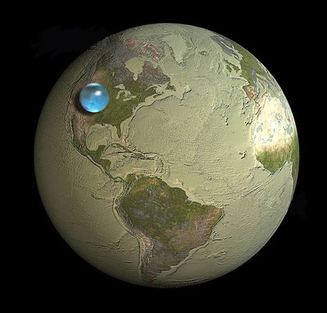 This picture shows the size of a sphere that would contain all of Earth's water in comparison to the size of the Earth. The diameter would be roughly the distance from Salt Lake City, Utah to Topeka, Kansas. posted about 3 days ago  Mathieu S. Jupiter Moons, Astronomy Pictures, World Water, Earth Surface, Space Science, Earth Science, Of The Earth, Science And Nature, Planet Earth