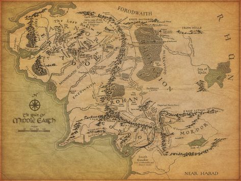 Map of Middle Earth from "The Lord of the Rings" Hobbit Gifts, Lotr Tattoo, Middle Earth Map, Altar Art, Map Fabric, Illustrated Maps, Earth Map, Map Wallpaper, Jrr Tolkien