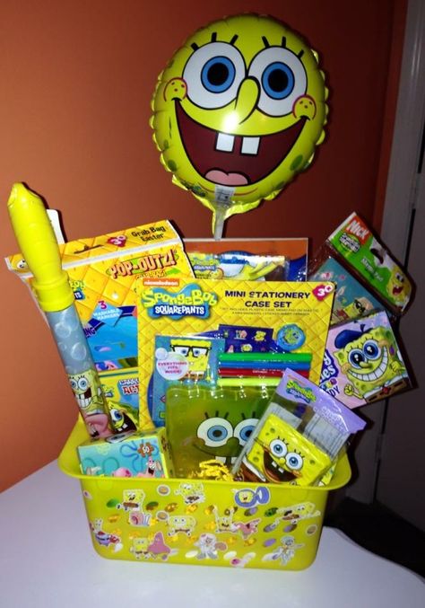 Sponge Bob Easter Basket made by me Spongebob Easter Basket Ideas, Spongebob Gift Basket, Spongebob Gifts, Spongebob Merch, Spongebob Things, Spongebob Funny Pictures, Funny Slippers, Spongebob Birthday Party, Affordable Christmas Gifts