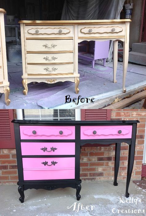 French Provincial desk painted black and hot pink before and after pictures. Refinished by Kelly's Creations. https://www.facebook.com/pages/Kellys-Creations-Refinished-Furniture/524028237619793?ref=hl Pink And Black Furniture, Black And Pink Vanity, French Provincial Desk, Revamp Furniture, Shabby Chic Home Decor, Pink Furniture, Upscale Furniture, Diy Furniture Redo, Shabby Chic Home