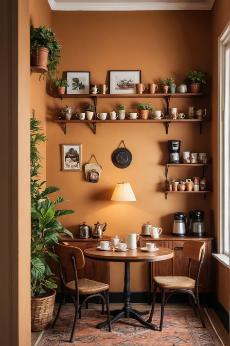 10 Ideas and Inspiration for Vintage Style Coffee Nooks - afullmug.com Minimalist Coffee Bar Home, Vintage Coffee Bar Ideas, Coffee Nook Ideas, Aesthetic Coffee Bar, Coffee Nooks, Thrifted Furniture, Mini Cafe, Apartment Vibes, Quirky Kitchen