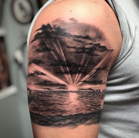 Black And Grey Sunset Tattoo, Lake Related Tattoos, Sunset And Beach Tattoo, Lake Tattoo Sleeve, Tattoo Ideas Landscape, Beach Sunset Tattoo Design, Lake Life Tattoo Ideas, Lake Tattoo For Women, Sunrise Beach Tattoo