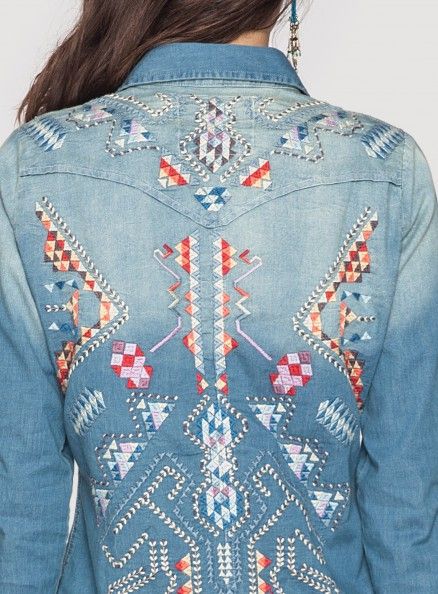 We have this! Love love love this Johnny Was 3J Workshop Kreley Embroidered Western Shirt - #CowgirlChic Call us if you are interested! 979.966.0555 #CottageGatherings Bohemian Blue Embroidered Denim Jacket, Bohemian Denim Jacket With Floral Embroidery, Bohemian Denim Jacket With Patches, Embroidered Western Shirt, Bohemian Embroidered Denim Outerwear, Blue Embroidered Button-up Denim Jacket, Western Chic Fashion, Western Embroidery, Women's Button Down Shirt