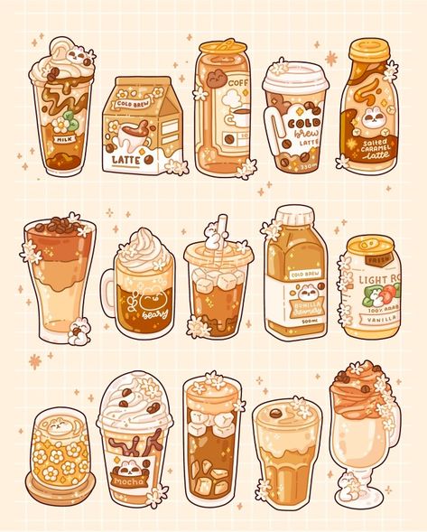 Cute Drink Drawings, Kawaii Food Illustration, Chibi Food, Foodie Art, Cute Easy Doodles, Stickers Stationery, Food Artwork, Food Illustration Art, Cute Food Drawings