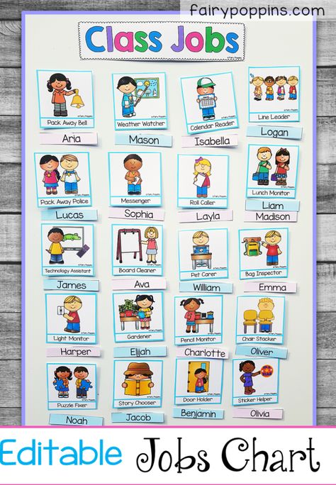 This classroom jobs chart is very popular with kids in preschool, kindergarten, 1st grade and 2nd grade. It features are range of editable name labels and jobs. There are also headings included. It's easy to set up on a magnetic whiteboard or bulletin board. #classroomdecor #bulletingboard #behaviormanagement #classroommanagement #classroomjobs #classroomroles #classjobs #classroles Classroom Jobs Chart, Preschool Jobs, Preschool Classroom Setup, Helper Chart, Back To School Printables, Classroom Job Chart, Classroom Helpers, Class Jobs, Prek Classroom