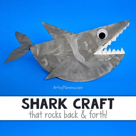 How to make a Rocking Paper Plate Shark Craft - Fun ocean themed idea for kids!#SharkWeek #craftsforkids #artsymommadotcom #oceancrafts Paper Plate Shark Craft, Paper Plate Shark, Paper Plate Art, Ocean Craft, Under The Sea Crafts, Shark Craft, Paper Plate Crafts For Kids, Ocean Kids, Craft Kids