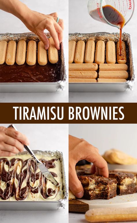 Cookie Based Desserts, Dessert With Ladyfingers, Brownie Tiramisu Recipe, Recipes With Ladyfingers, Brownie Flavour Ideas, Tiramisu Bars, Brownie Topping Ideas, Ladyfinger Desserts, Brownie Dessert Recipes