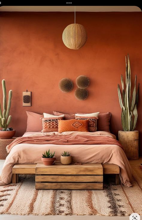 Terracotta Colored Walls, Terracotta Blush Bedroom, Terracota Room Aesthetic, Rust Walls Bedroom, Boho Orange Paint Color, Terracotta Color Bedroom, Bedroom Colour Ideas For Small Rooms, Terracotta Bedspread, Terracotta Dresser