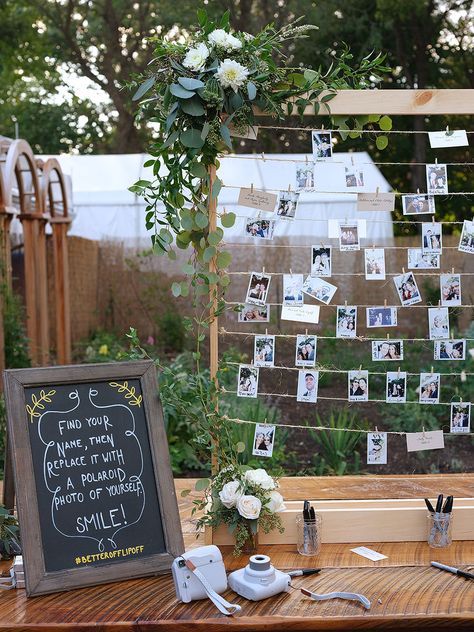 Polaroid Pictures Party Ideas, Polaroid Frame Wedding Diy, Polaroid Hanging Ideas Wedding, Pictures Wedding Display At Reception, Polaroid Stand Wedding, Engagement Party Polaroid, Polaroid Display Wedding, Polaroid Seating Chart Wedding, Wedding Poloroid Pictures