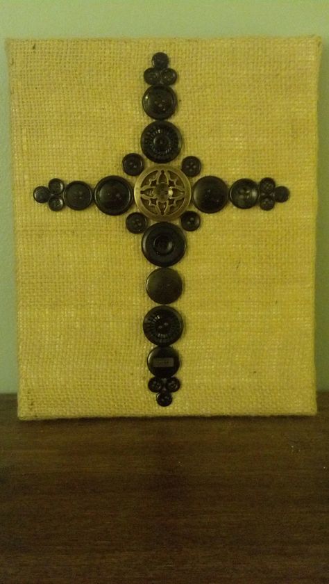 Black buttons cross on a burlap covered canvas Button Cross, Cross Ideas, Buttons Crafts Diy, Buttons Crafts, Upcycle Ideas, Religious Crafts, Cross Crafts, Diy Upcycle, Button Art