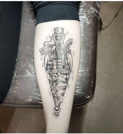 80 Best Harry Potter Tattoos For True Fans - The XO Factor Harry Potter Castle Tattoo, Hogwarts Castle Tattoo, Harry Potter Tattoo Unique, Patronus Harry Potter, Harry Potter Tattoo Sleeve, Floating Castle, Hogwarts Tattoo, Collage Tattoo, Harry Tattoos