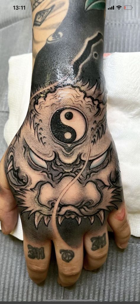 Dragon Head Hand Tattoo, Japanese Dragon Hand Tattoo, Japanese Hand Tattoos Women, Asian Hand Tattoo, Oni Mask Hand Tattoo, Chinese Demon, Dragon Hand Tattoo, Japanese Hand Tattoos, Full Hand Tattoo