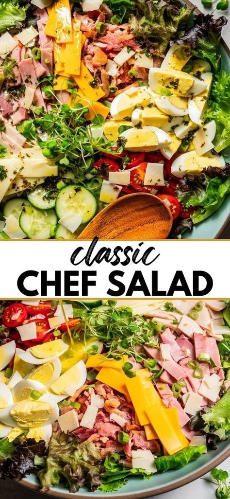 The ultimate chef salad recipe made with classic ingredients like fresh greens, meats, cheese, and eggs. An easy, healthy lunch or dinner! Healthy Chef Salad Recipes, Chef's Salad Recipes, Salad Recipes Garden, Salad With Lunch Meat, Keto Chef Salad Recipes, Cold Salads For Dinner, Chef Salad Dressing Recipes, Classic Green Salad, Best Chef Salad Recipes