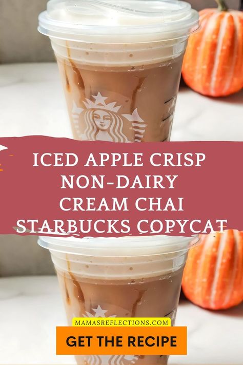 Make this copycat Iced Apple Crisp Chai at home with nondairy cream. All the fall flavors you love, without leaving the house or the dairy! also sharing ideas for Iced Apple Crisp Chai Recipe, Nondairy Apple Crisp Chai, Starbucks Copycat Chai Recipe, Dairy-Free Apple Crisp Chai, Apple Crisp Chai Tea Latte, Homemade Apple Crisp Chai, Starbucks Apple Crisp Copycat, Iced Nondairy Chai Drink, Easy Apple Crisp Chai Recipe, Apple Crisp Chai Tea Easy Baked Sweets, Chai Starbucks, Low Cal Starbucks Drinks, Copycat Starbucks Drinks, Pumpkin Cream Cold Brew, Recipe Copycat, Cream Cold Brew, Secret Starbucks Recipes, Pumpkin Bread Easy