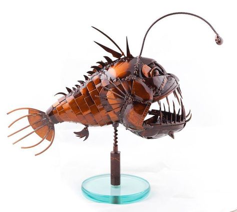 Smiling Angler fish by Chudomir Nikolaev Dragnev Fish Deep Sea, Angler Fish Tattoo, Deep Sea Creature, Underwater Party, Art Fish, Deep Sea Creatures, Art Deco Sculpture, Metal Fish, Angler Fish